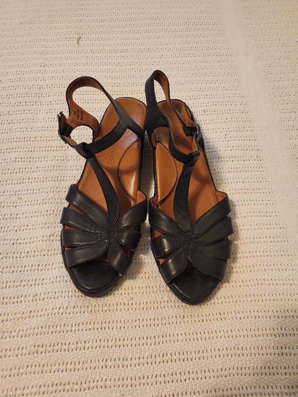 Women’s Black Leather Floral-Strap Slingback Sandals